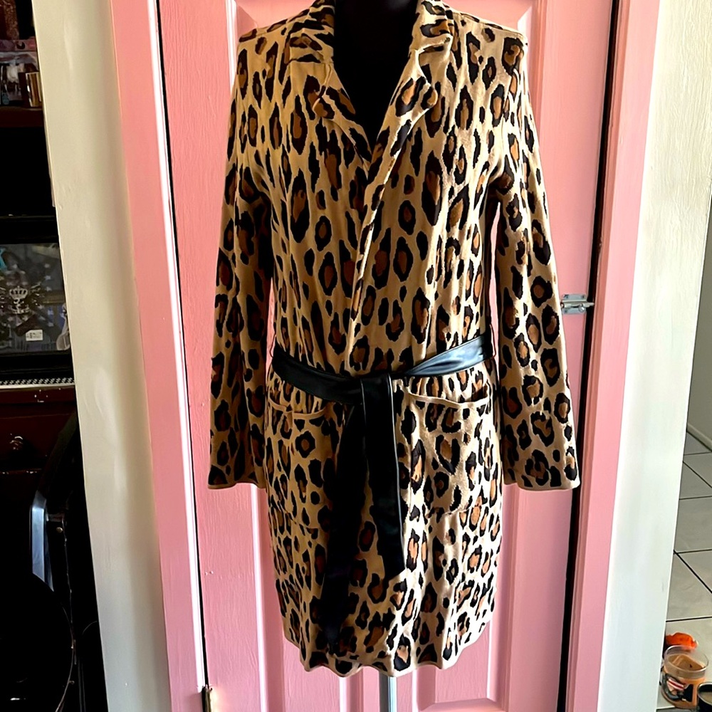 Chico’s animal print long jacket with faux leather wrap belt l. Size 1 is a M/8